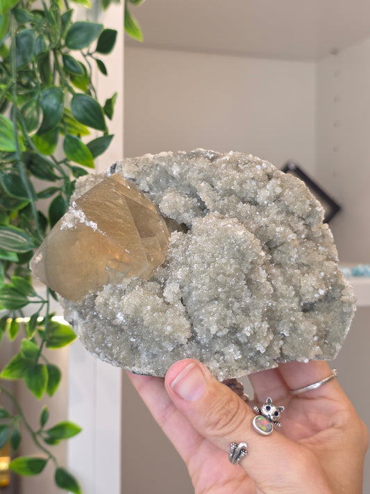 Honey Calcite Cubes on Druzy Sugar Calcite and Stilbite Matrix from Madhya Pradesh, India - AJ