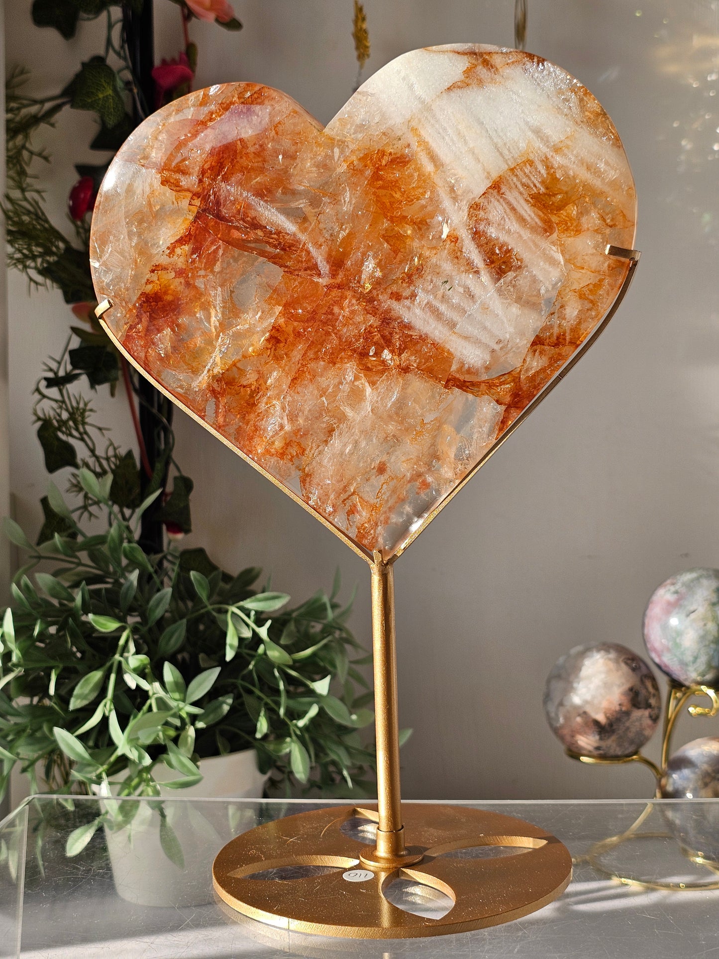 High Quality Golden Healer Fire Quartz Heart on Custom Stand - MAS0814