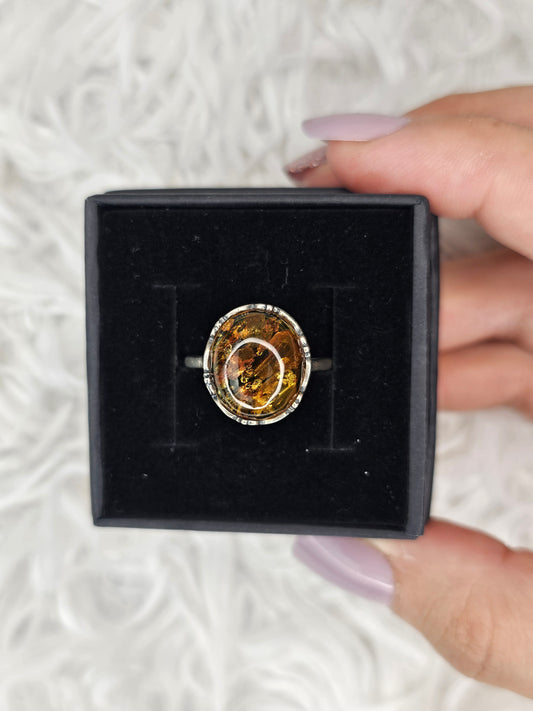 S925 Silver Adjustable Flower Amber Ring - MAS1040