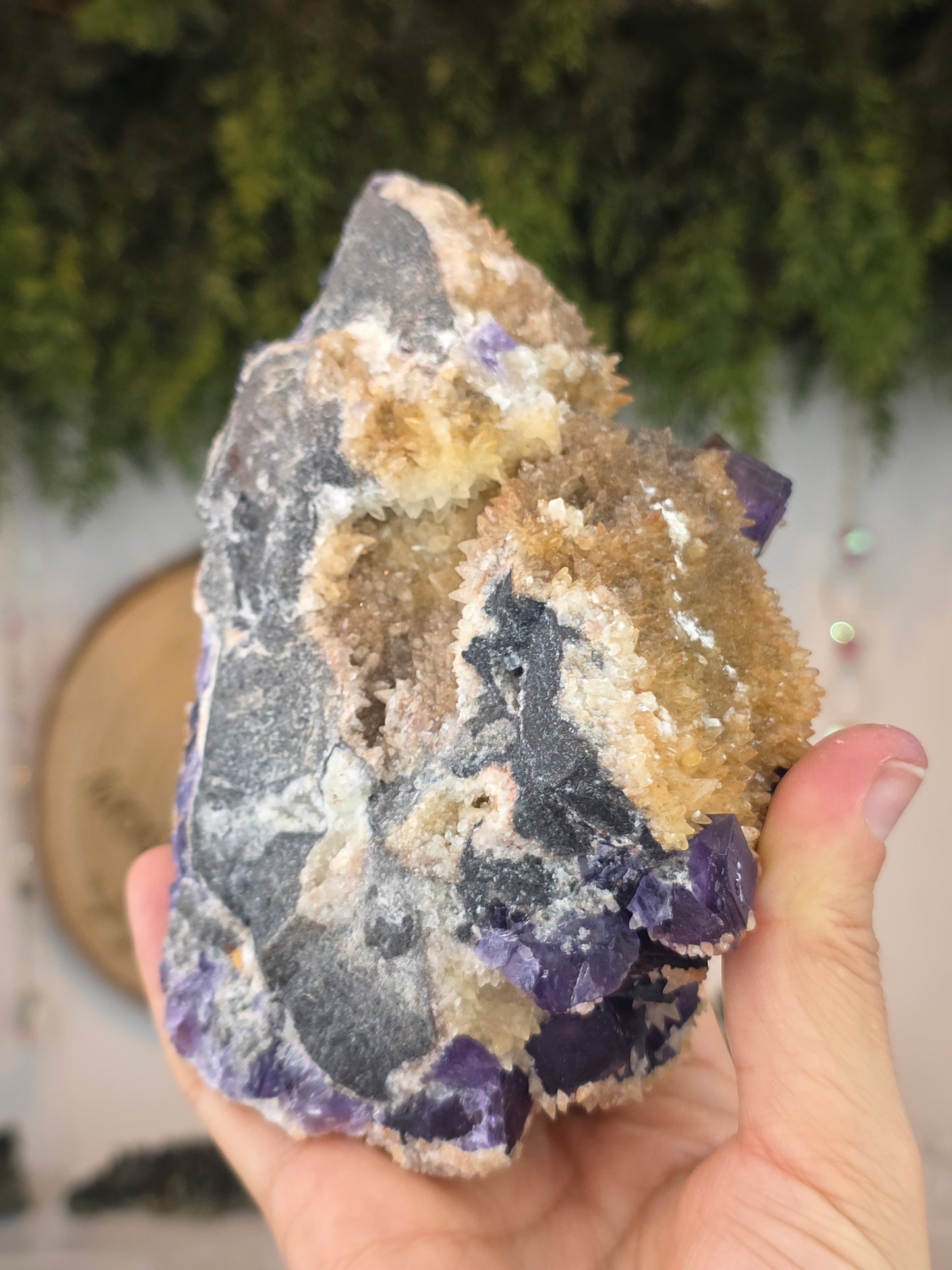 Purple Yindu Fluorite with Yellow Tooth Calcite - Yindu China