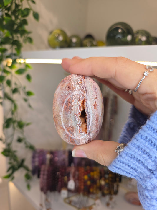 Indonesian Pink Crazy Lace Agate Palm Stones