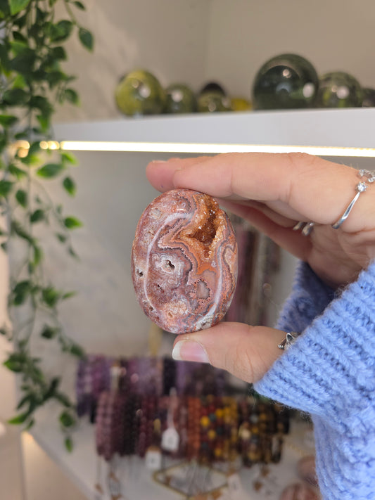 Indonesian Pink Crazy Lace Agate Palm Stones