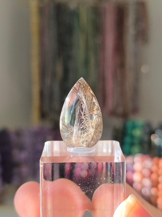 Golden Lattice Rutile Specimen Tear Drop Cab
