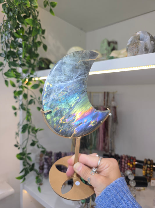 Multicolour Flash Labradorite Moon on Custom Stand from Madagascar E