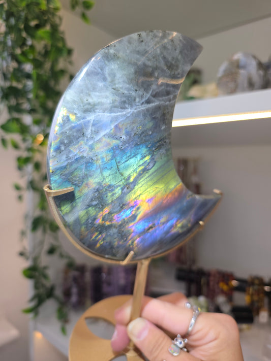 Multicolour Flash Labradorite Moon on Custom Stand from Madagascar E