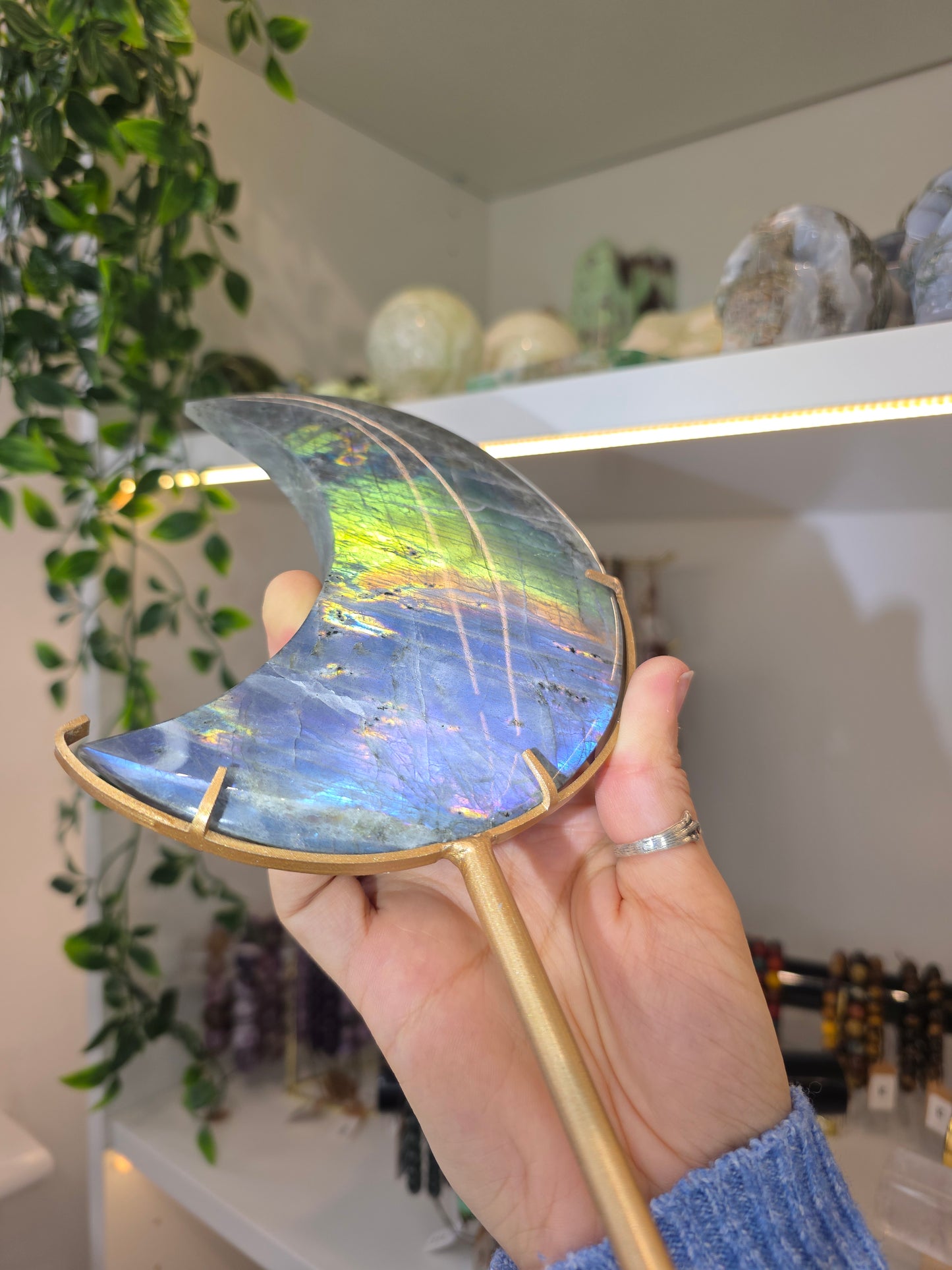 Multicolour Flash Labradorite Moon on Custom Stand from Madagascar E