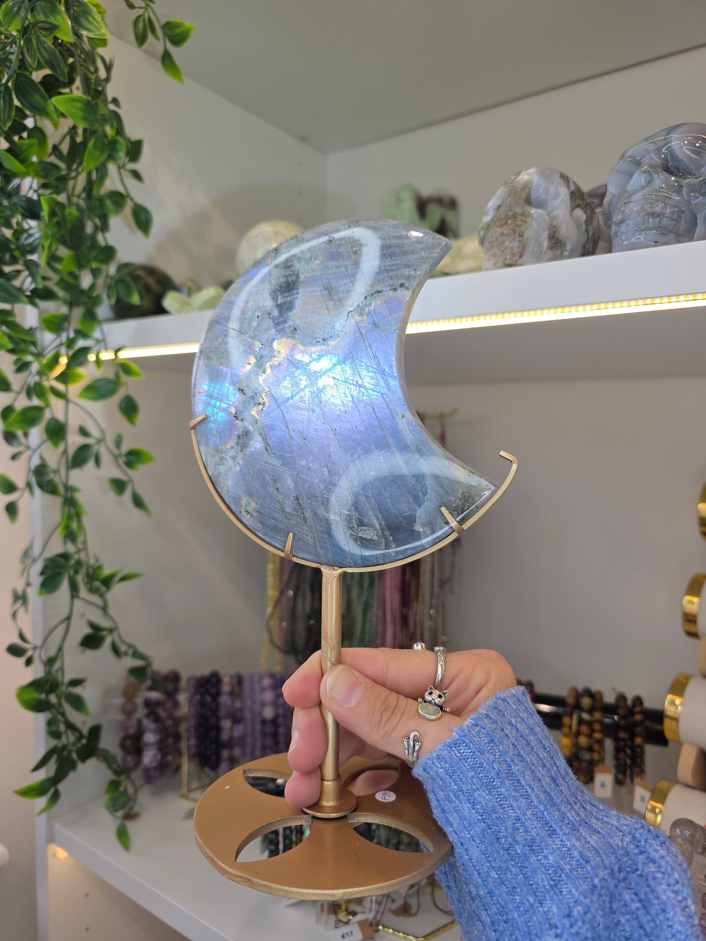 Purple/Blue Flash Labradorite Moon on Custom Stand from Madagascar F