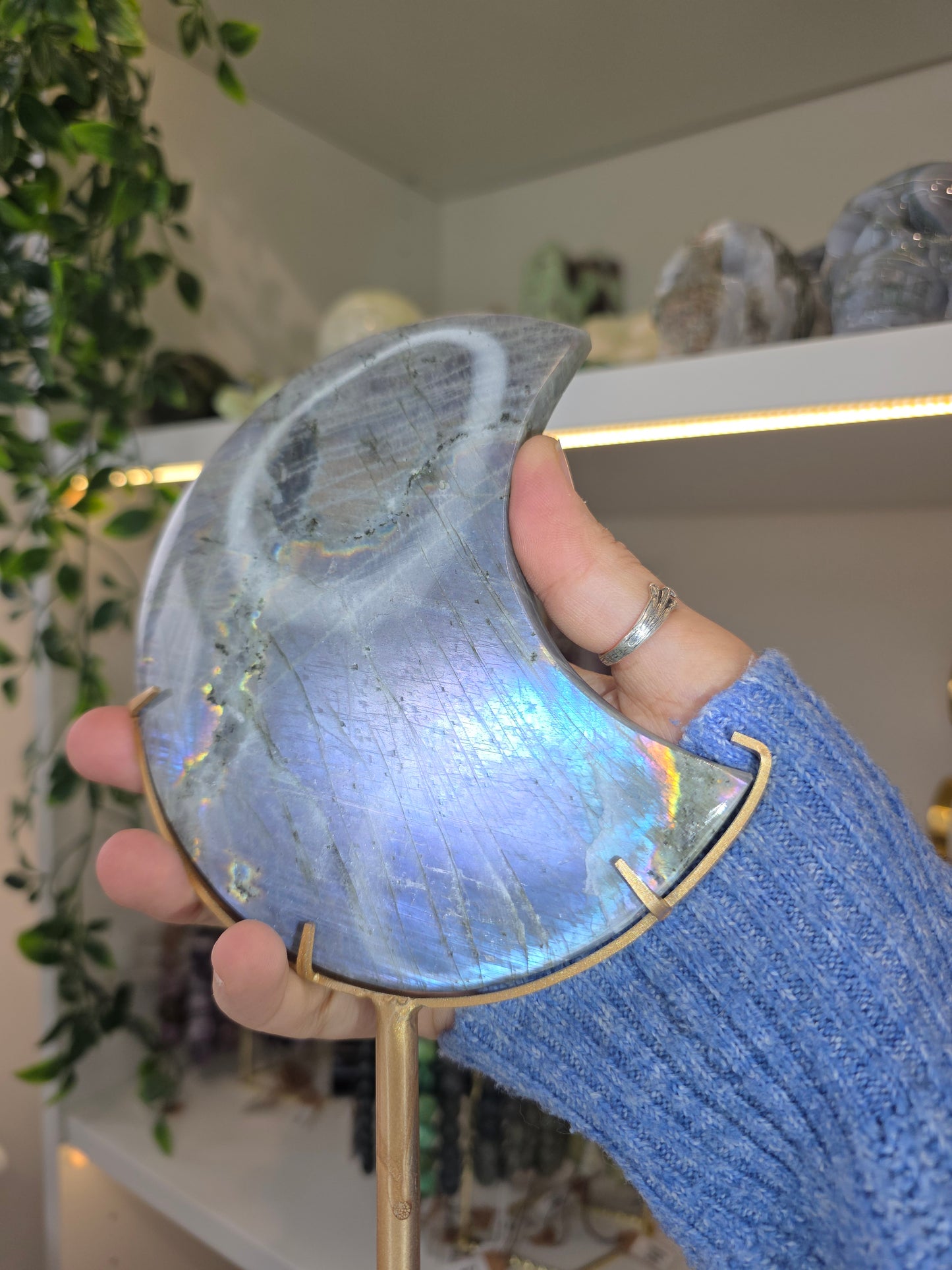 Purple/Blue Flash Labradorite Moon on Custom Stand from Madagascar F