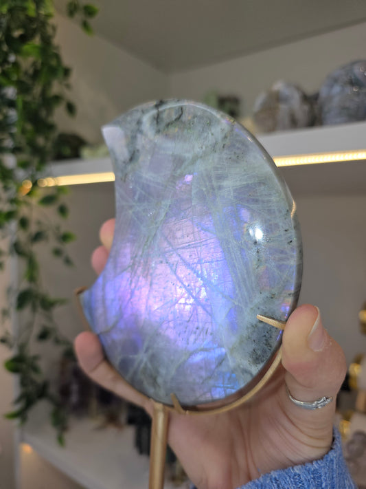 Purple/Blue Flash Labradorite Moon on Custom Stand from Madagascar F