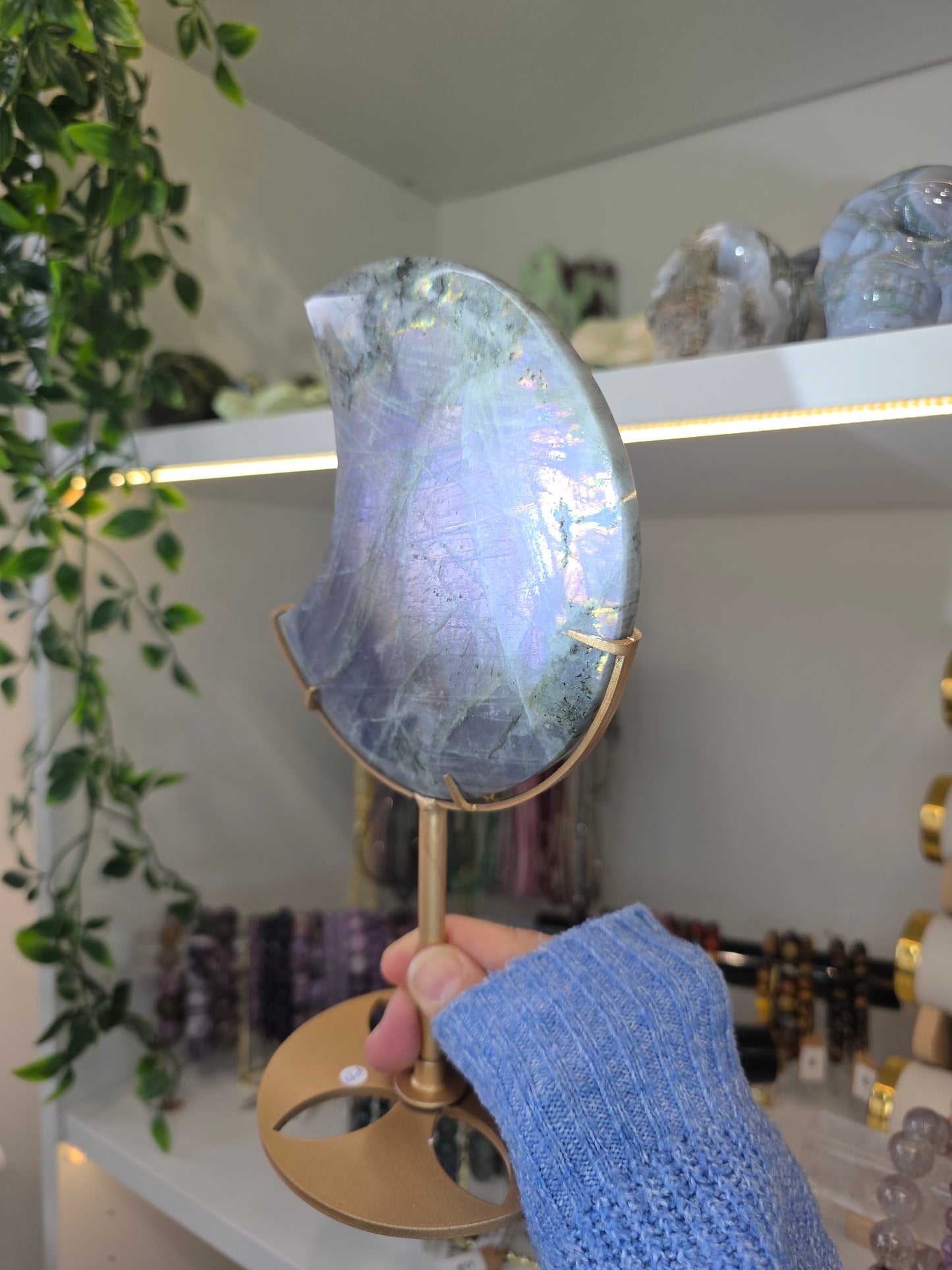 Purple/Blue Flash Labradorite Moon on Custom Stand from Madagascar F