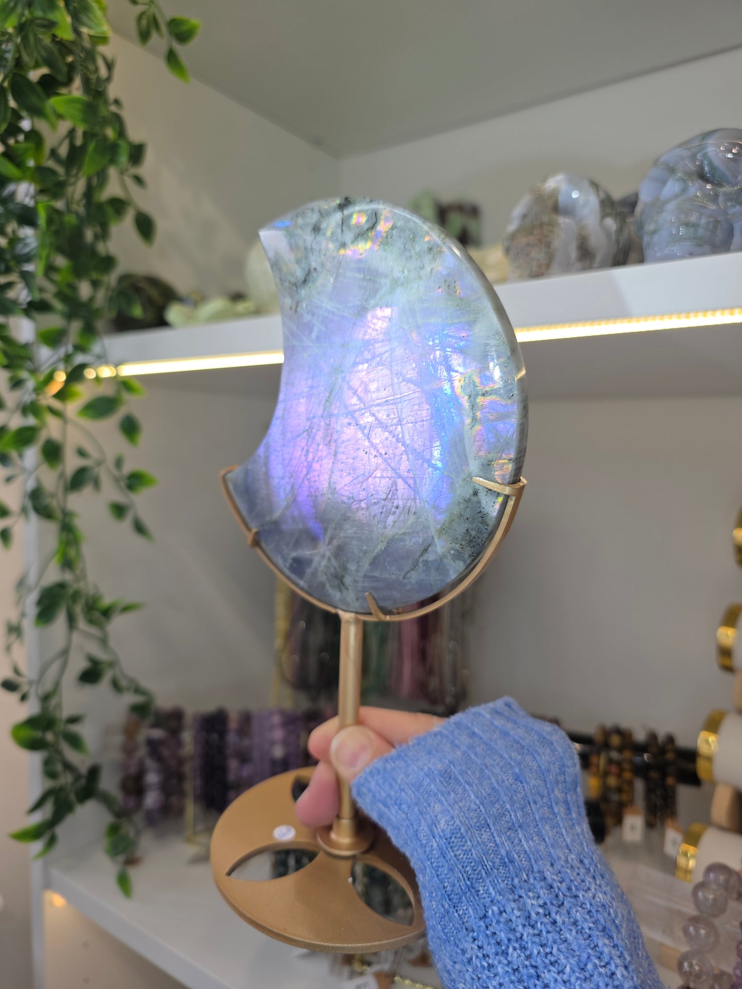 Purple/Blue Flash Labradorite Moon on Custom Stand from Madagascar F