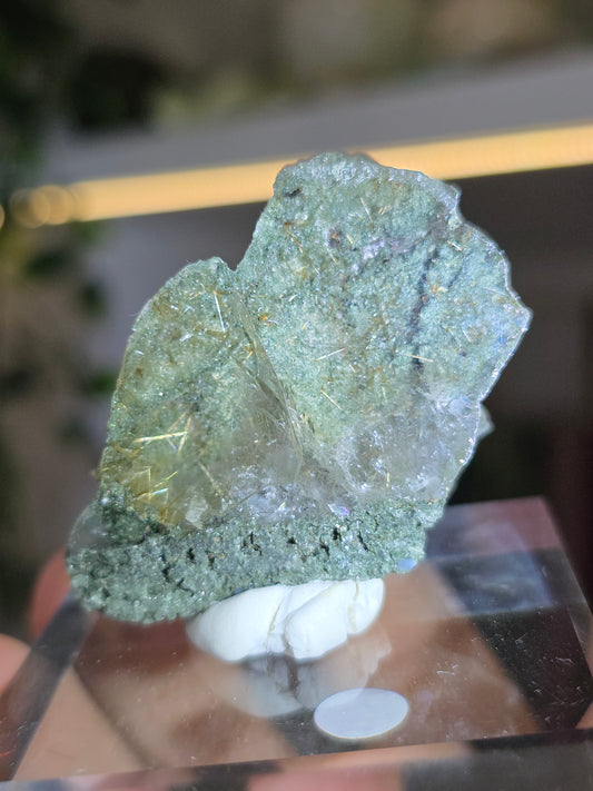 High Grade Chlorite Coated Himalayan Quartz with Golden Rutile Inclusion H