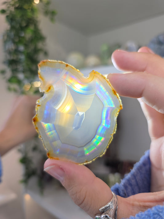 Iris Agate Raw Slice from Indonesia in Display Case - F