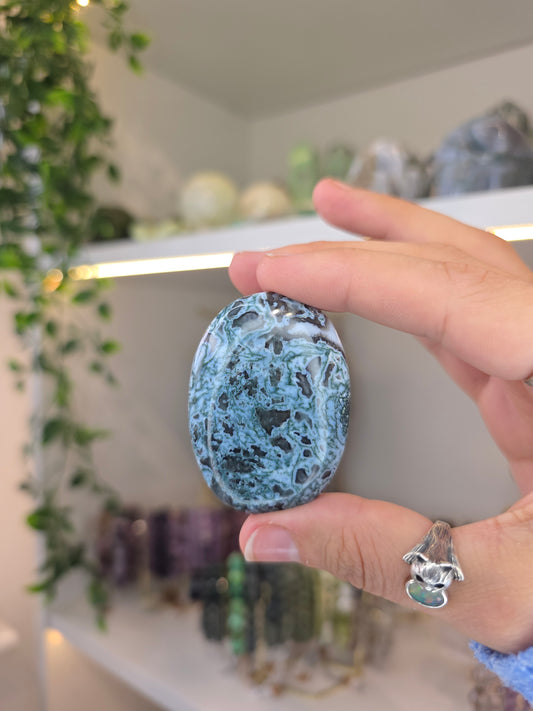 Owyhee Blue Opal with Moss Inclusion Palm Stones from Oregon, USA