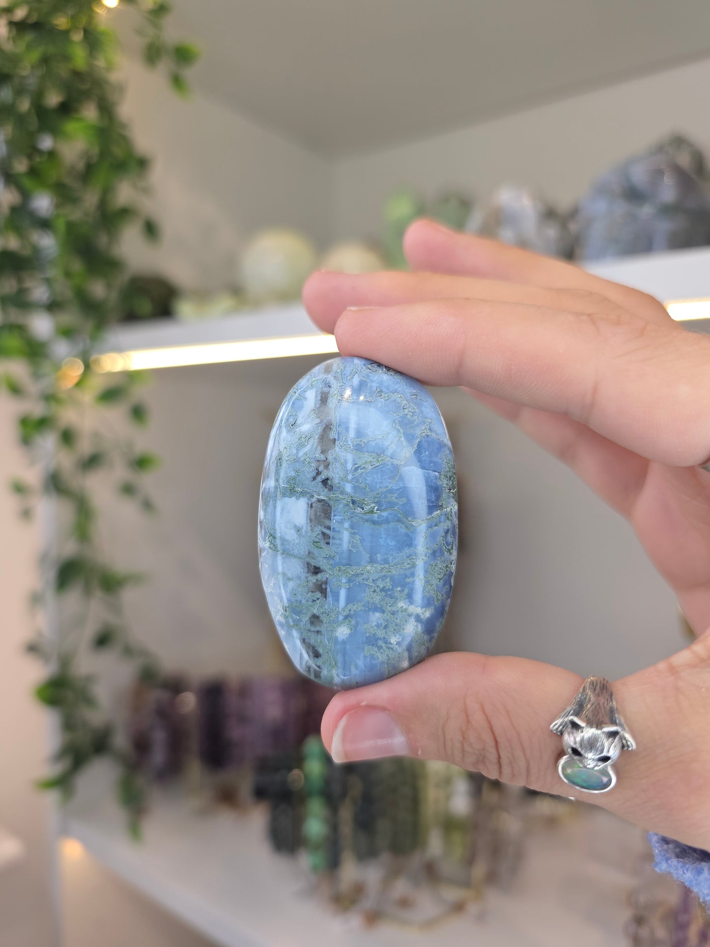 Owyhee Blue Opal with Moss Inclusion Palm Stones from Oregon, USA