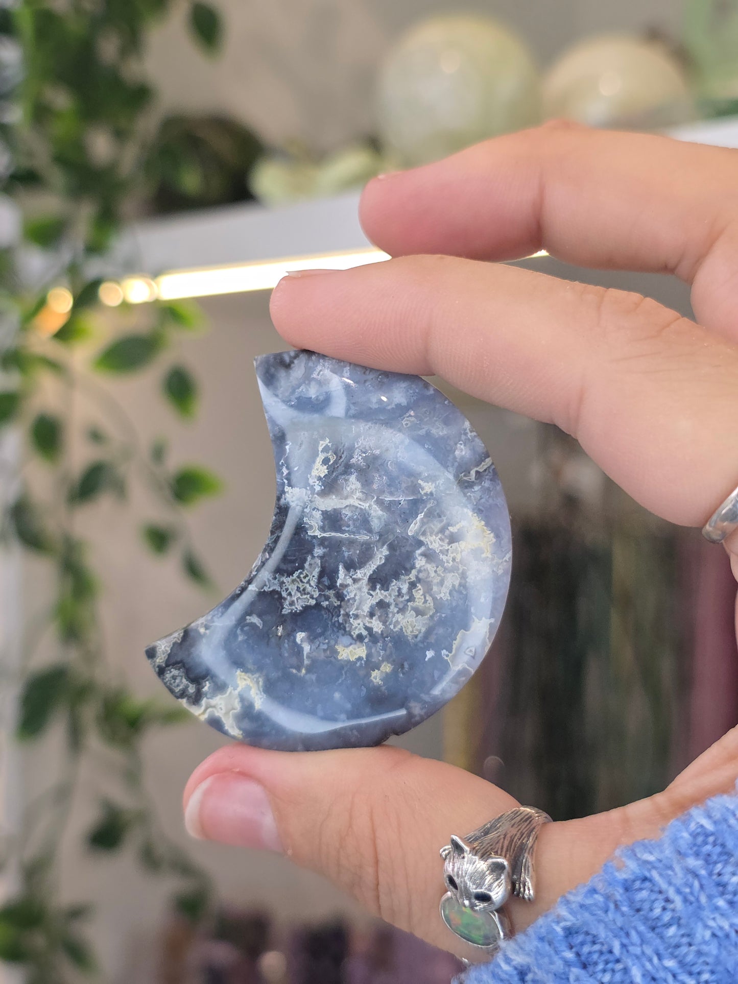 Blue Plume Agate Moon from Indonesia