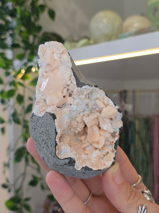 Pink Heulandite with Stilbite on Basalt Matrix from Mumbai, Maharashtra, India - E
