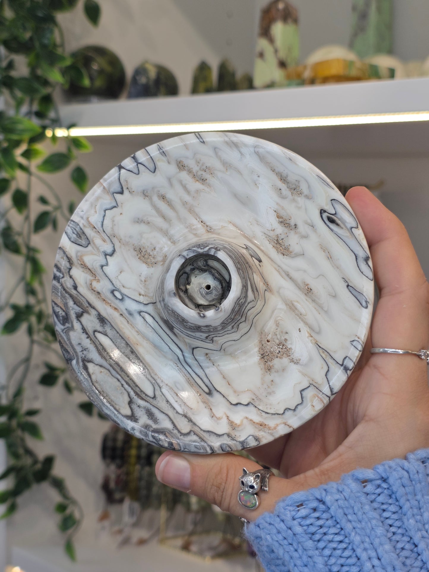 Mexican Onyx Palo Santo Incense Holder - Black/White Zebra Calcite - F