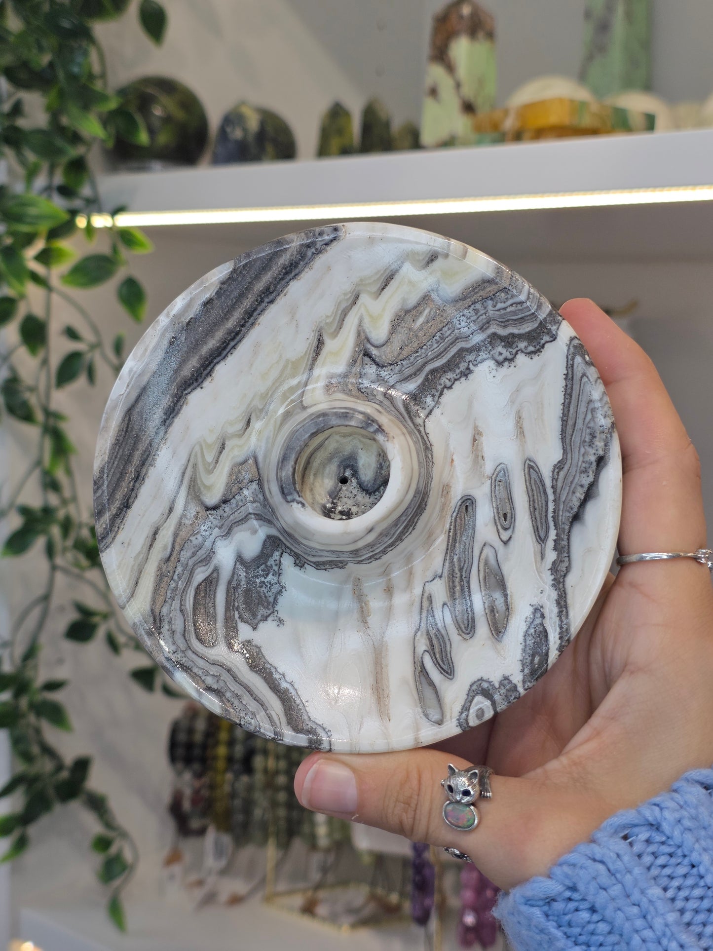 Mexican Onyx Palo Santo Incense Holder - Black/White Zebra Calcite - H