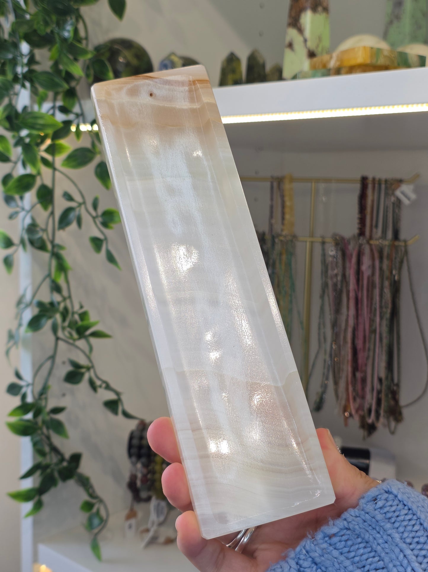 Mexican Onyx Incense Tray - White Banded Calcite - E