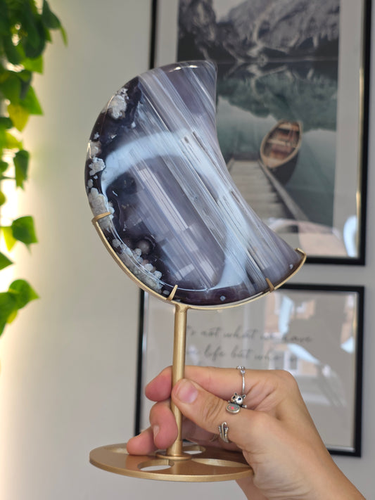 Black / Blue Flower Agate Moon with custom stand - A