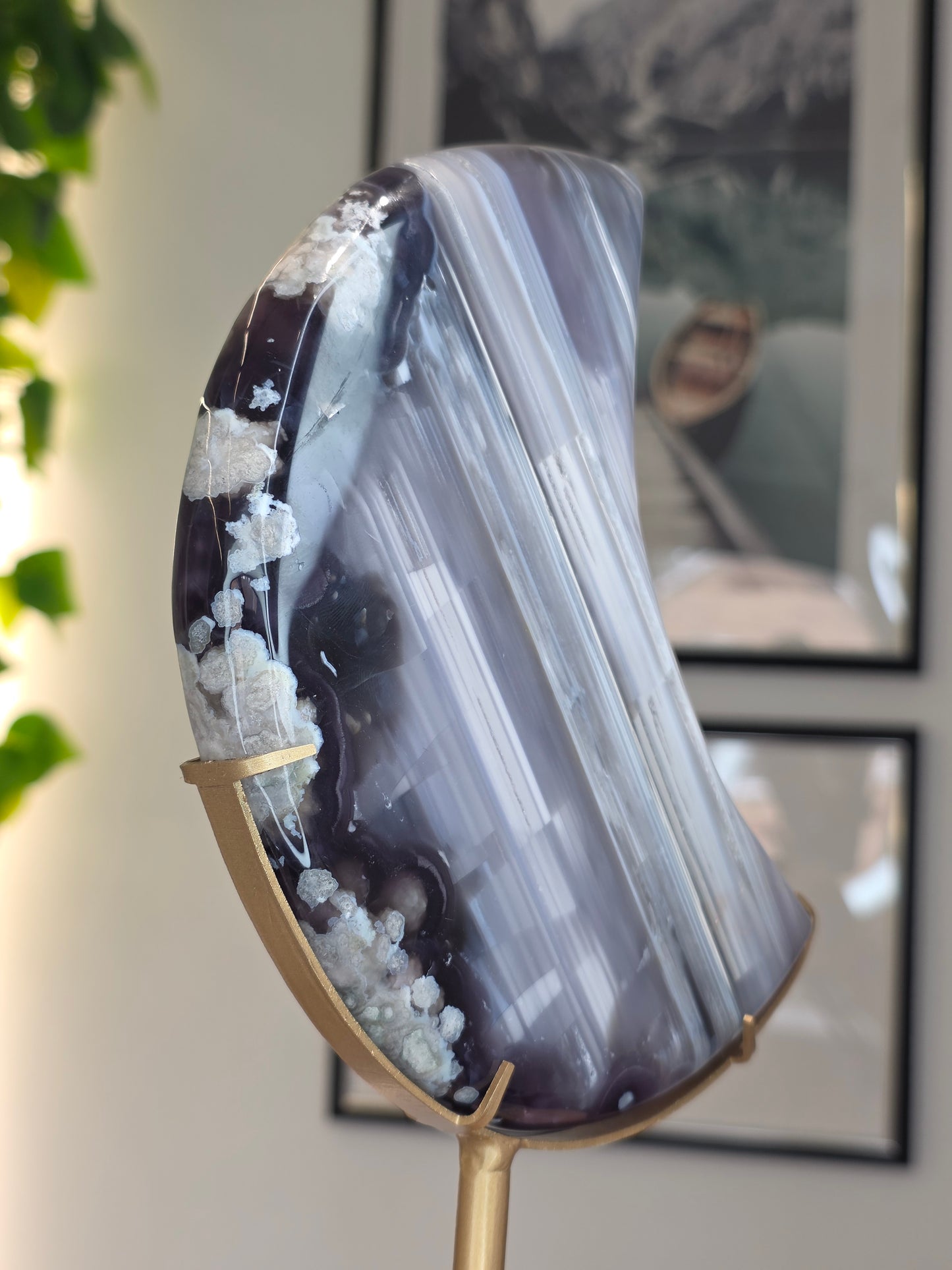 Black / Blue Flower Agate Moon with custom stand - A