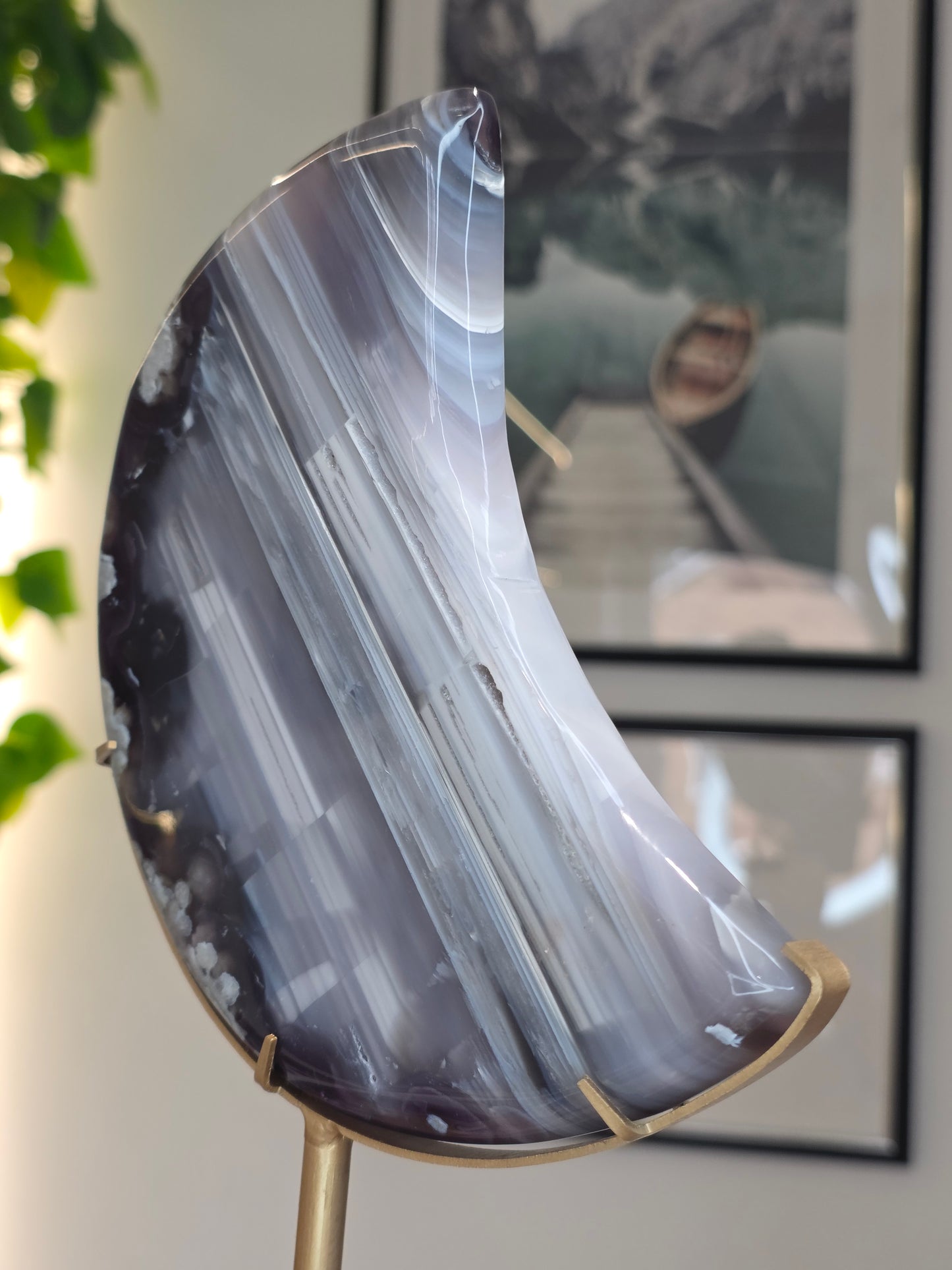 Black / Blue Flower Agate Moon with custom stand - A