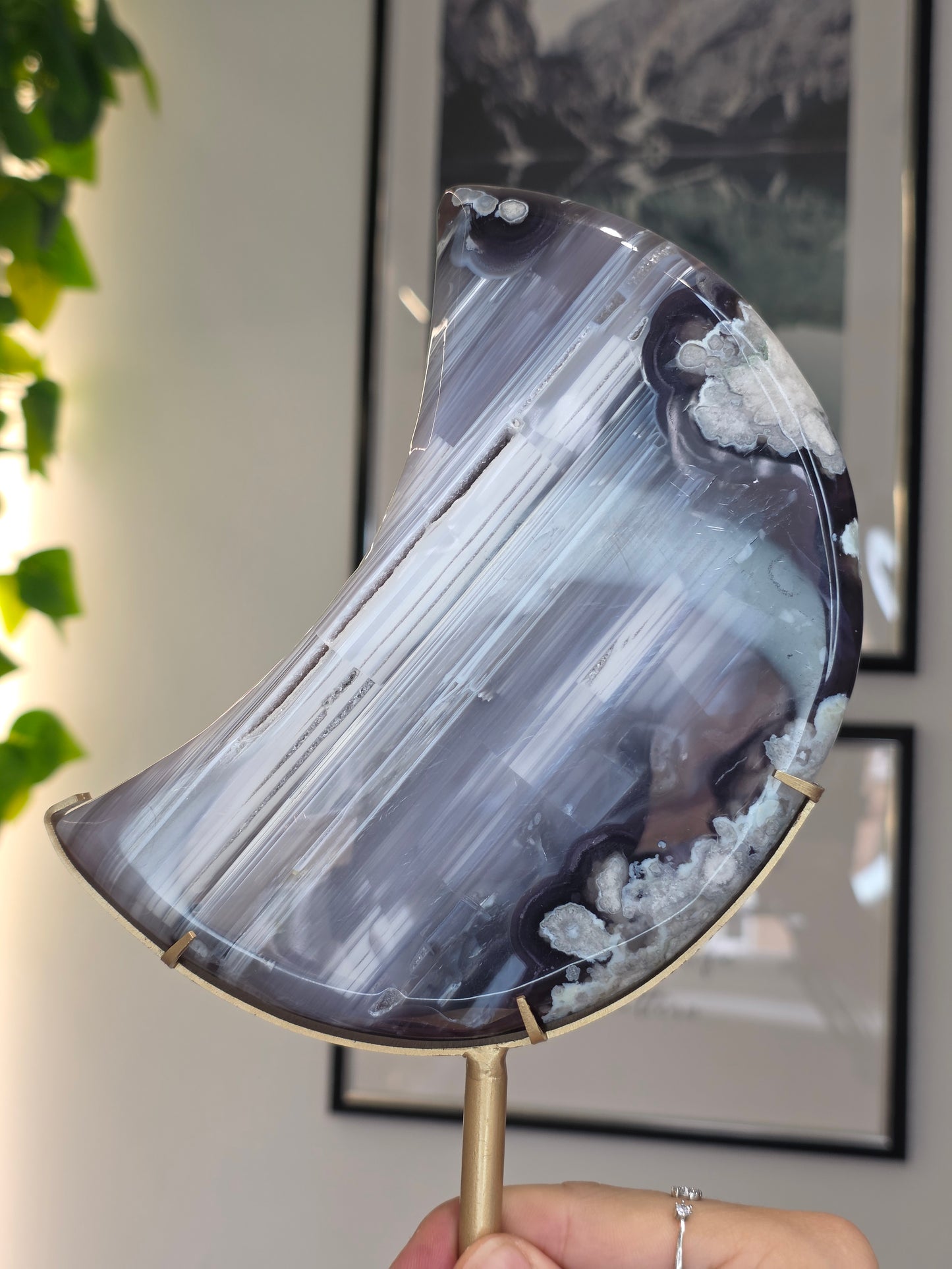 Black / Blue Flower Agate Moon with custom stand - A
