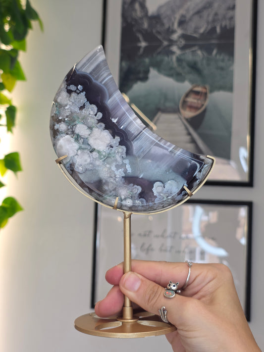 Black / Blue Flower Agate Moon with custom stand - B