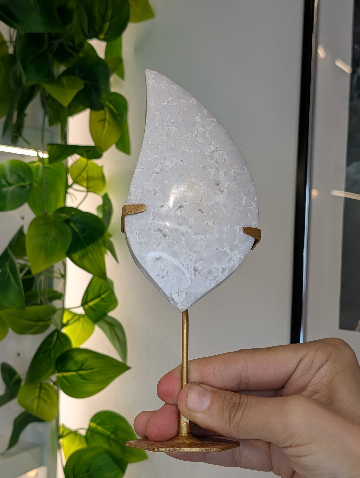 Indonesian Druzy White Agate Flame on Custom Stand