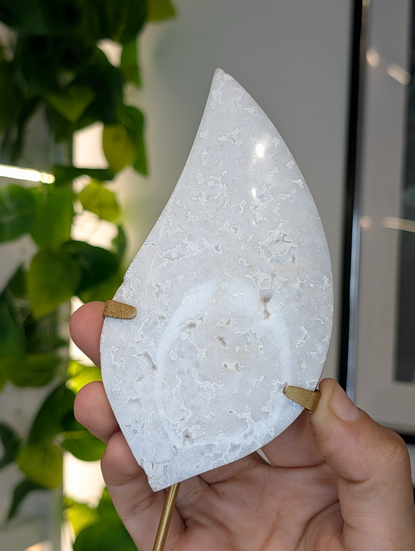 Indonesian Druzy White Agate Flame on Custom Stand