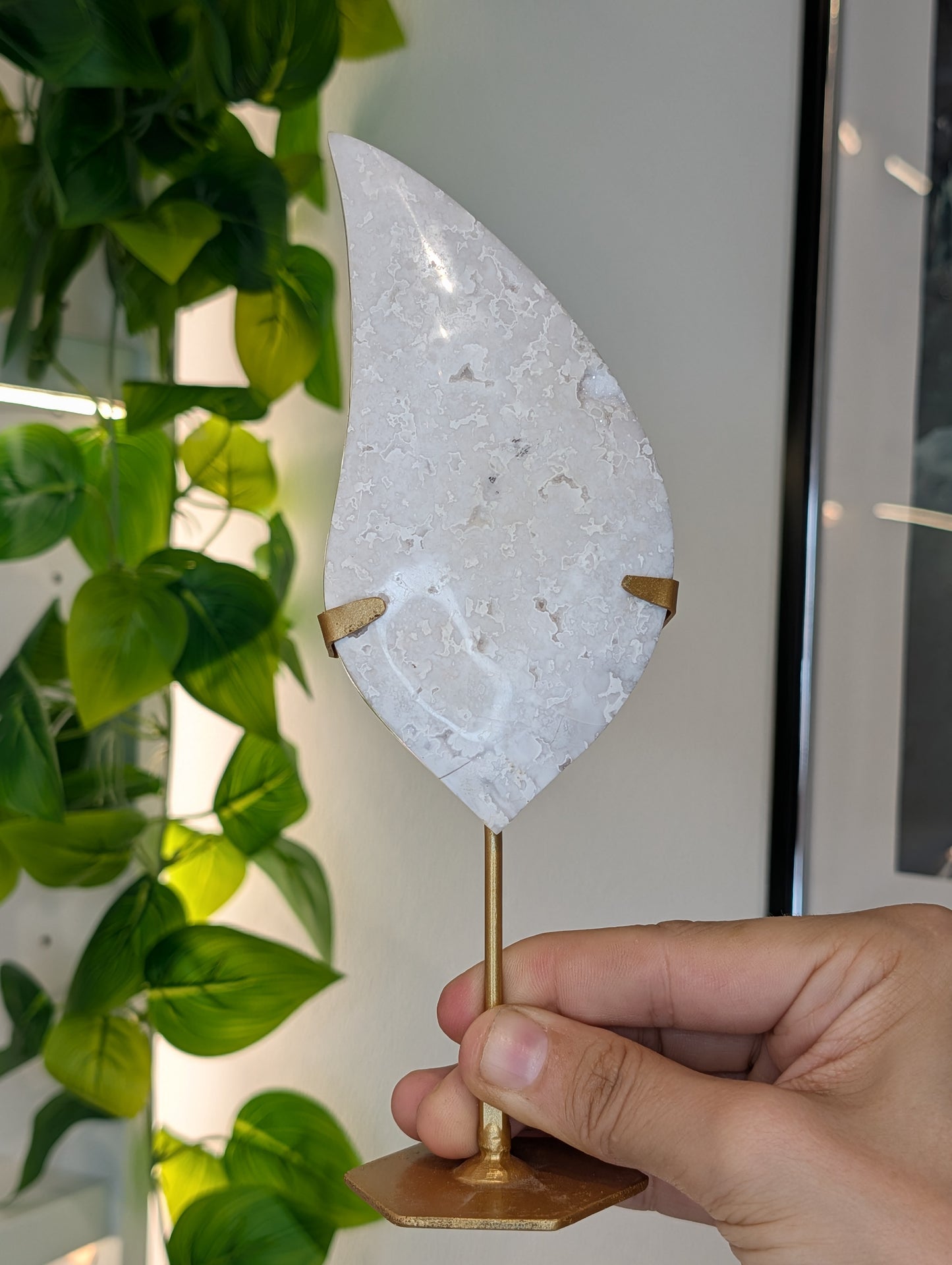 Indonesian Druzy White Agate Flame on Custom Stand