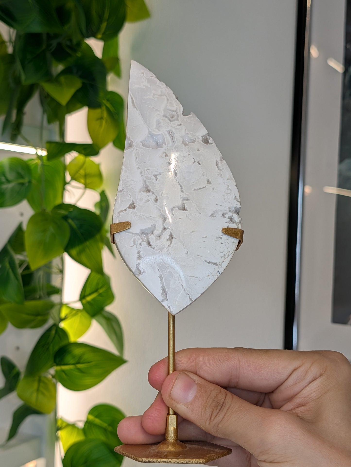Indonesian Druzy White Agate Flame on Custom Stand