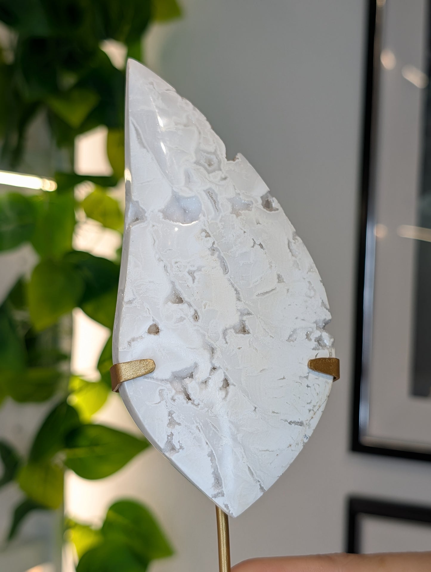 Indonesian Druzy White Agate Flame on Custom Stand