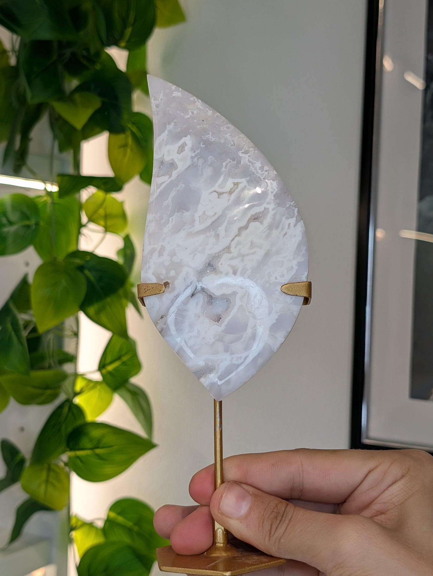 Indonesian Druzy White Agate Flame on Custom Stand