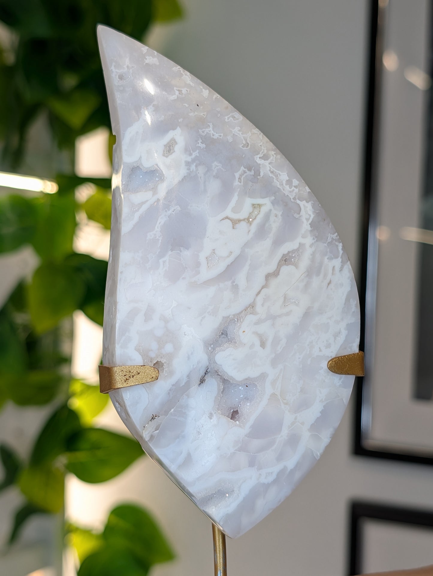 Indonesian Druzy White Agate Flame on Custom Stand