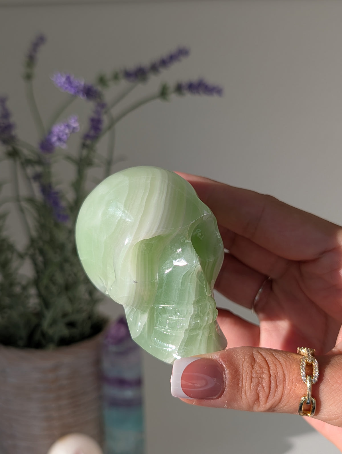 Green Banded Onyx Calcite Skull from Mexico