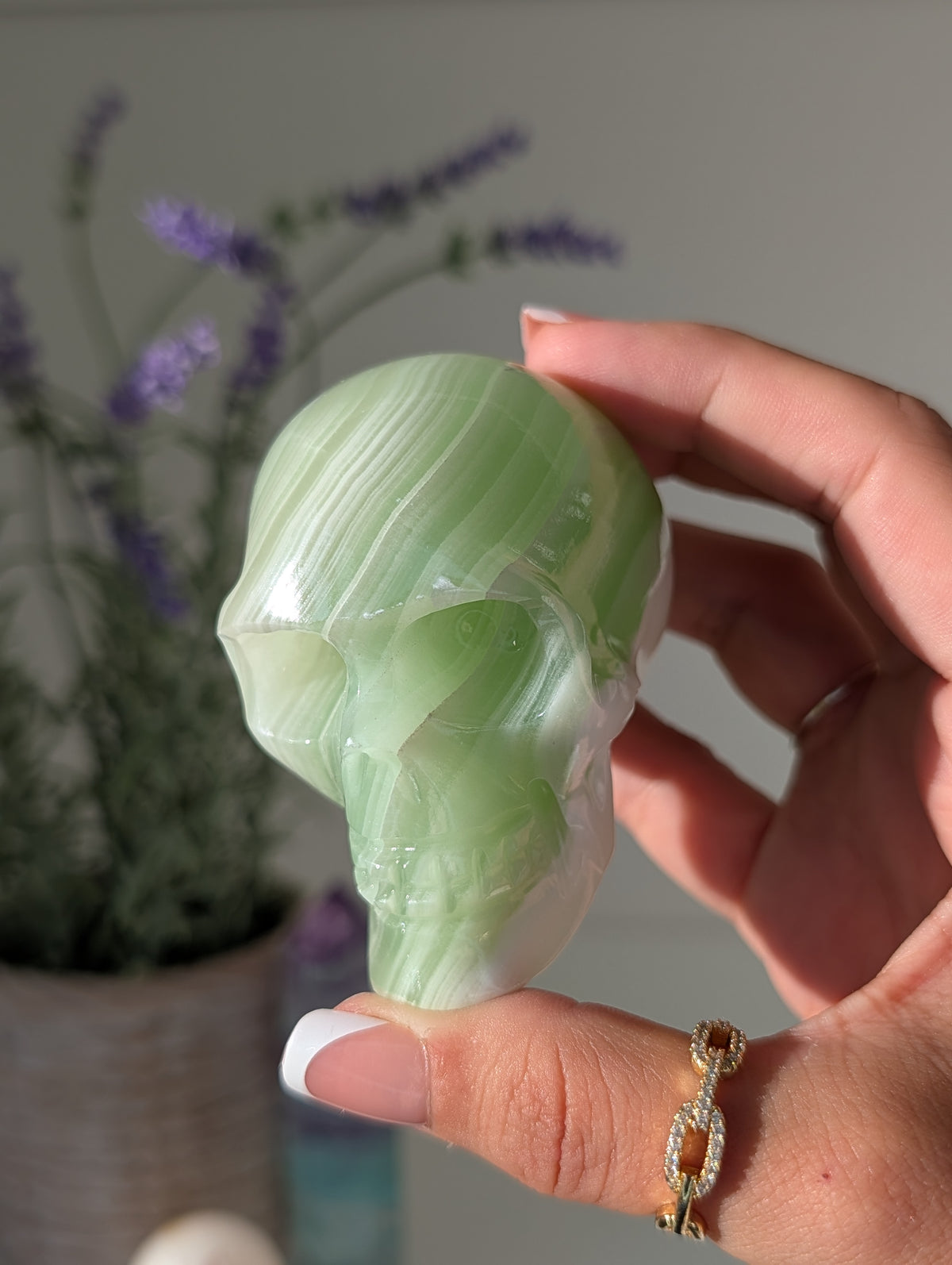 Green Banded Onyx Calcite Skull from Mexico