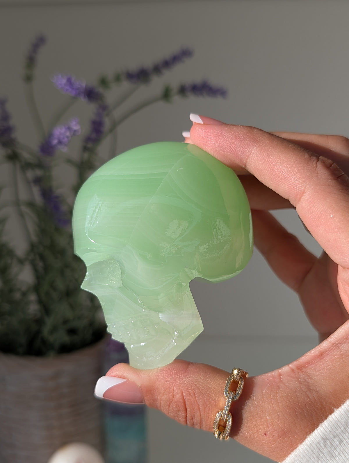 Green Banded Onyx Calcite Skull from Mexico