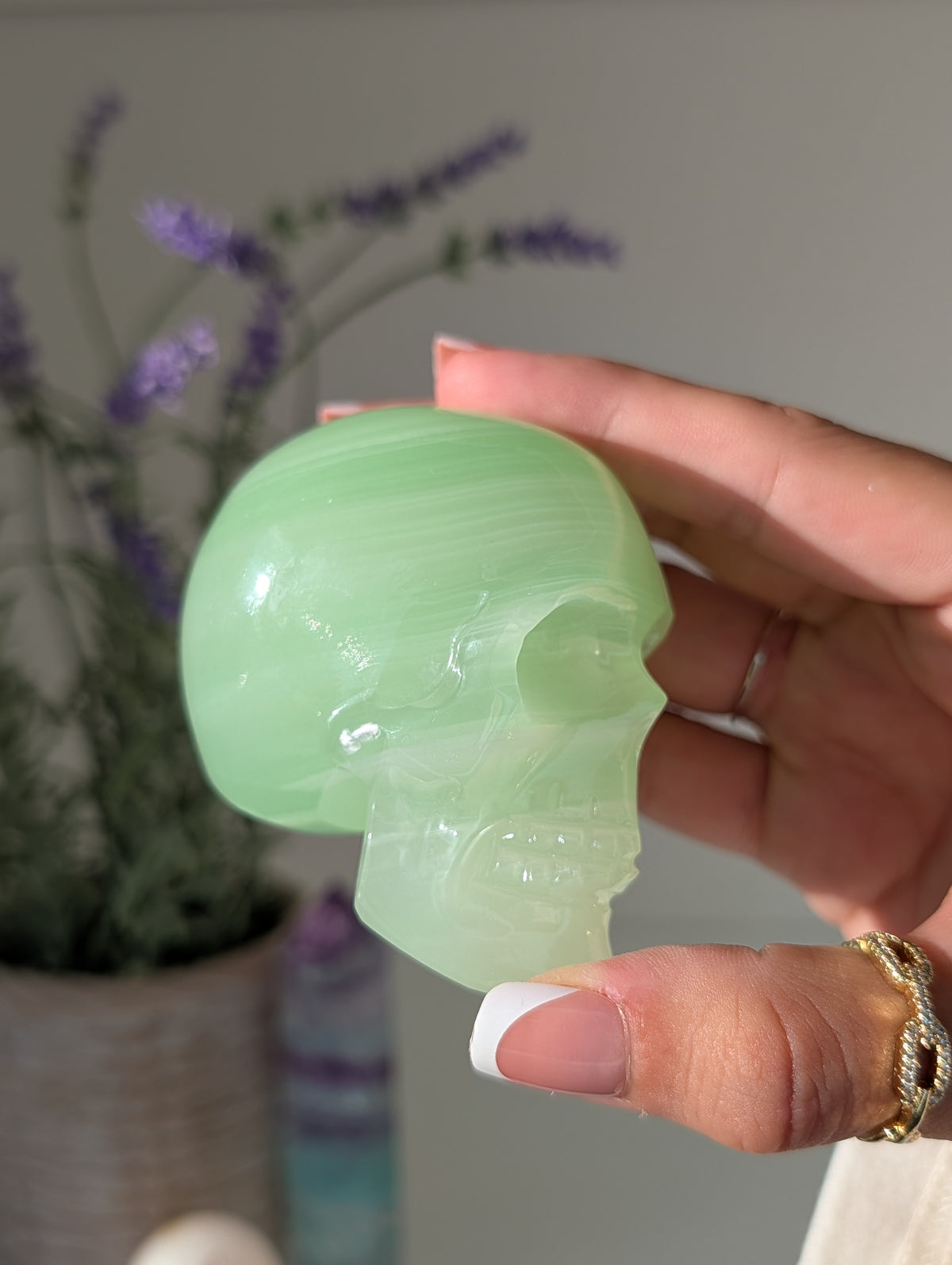 Green Banded Onyx Calcite Skull from Mexico