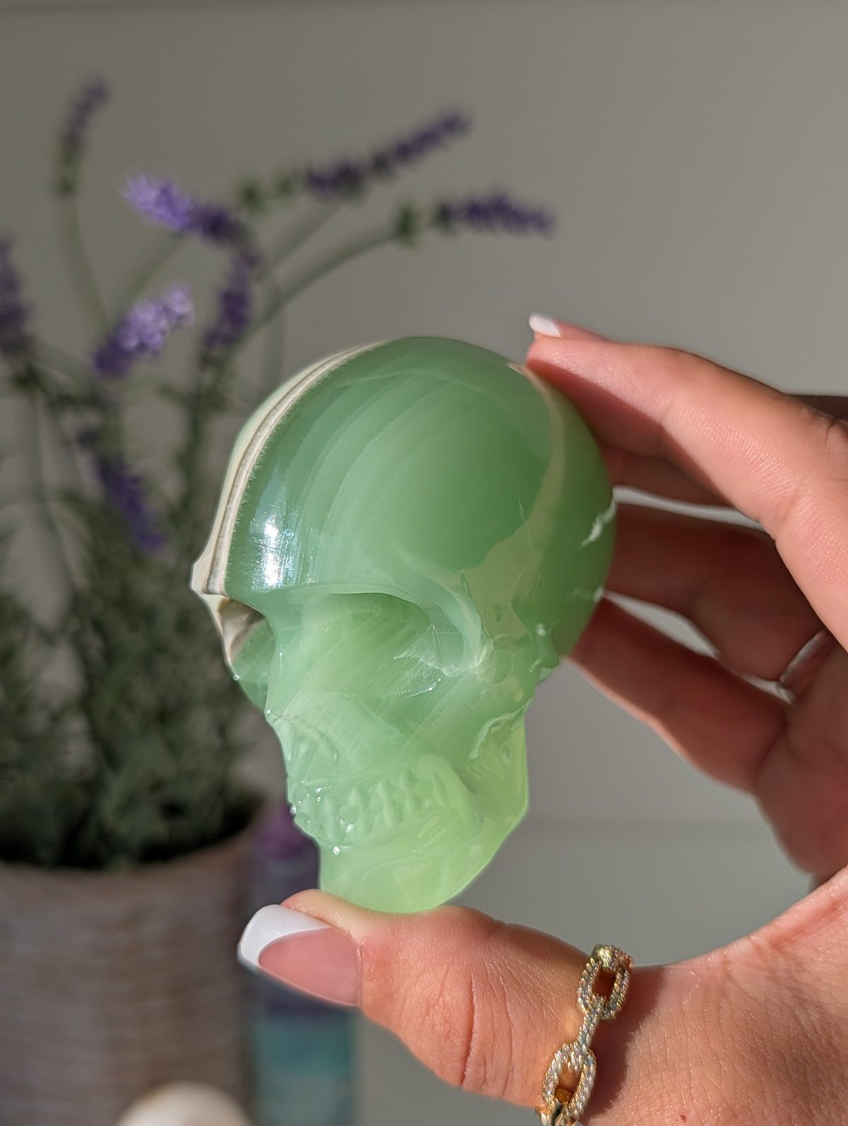 Green Banded Onyx Calcite Skull from Mexico