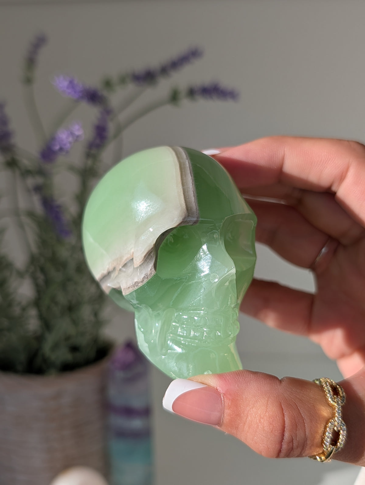 Green Banded Onyx Calcite Skull from Mexico