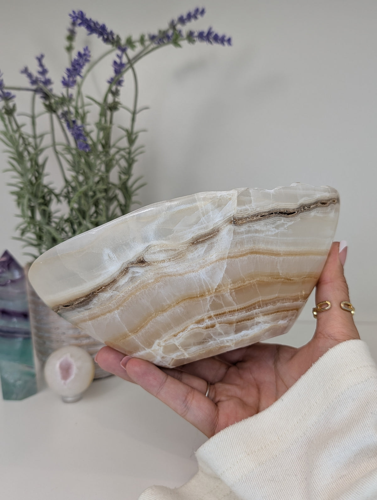 Hand Crafted Banded Honey Onyx Calcite Bowl from Mexico