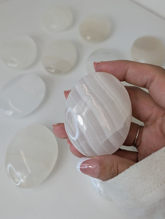 Intuitively Chosen Mexican White Banded Onyx Calcite Palm Stones