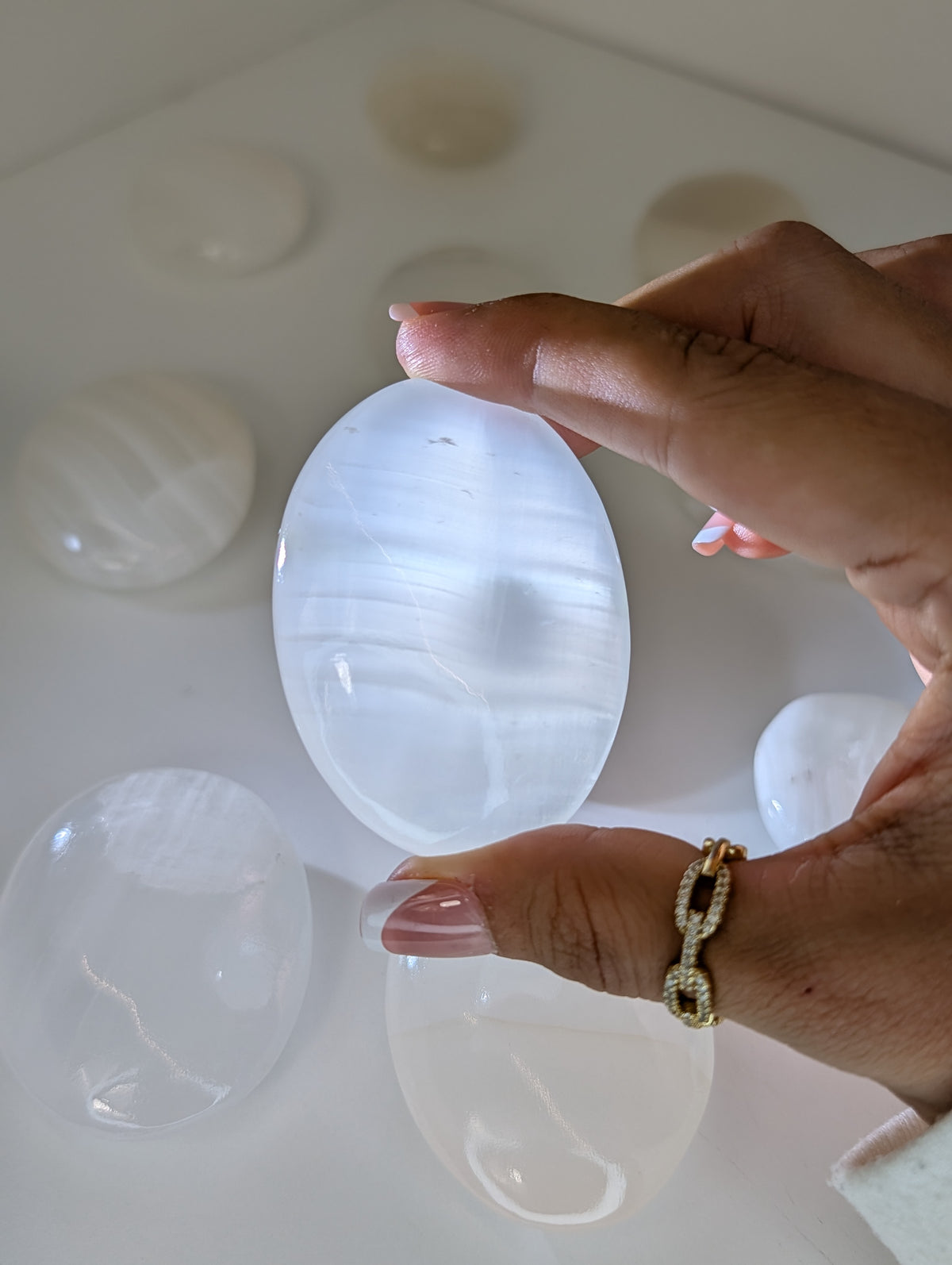 Intuitively Chosen Mexican White Banded Onyx Calcite Palm Stones