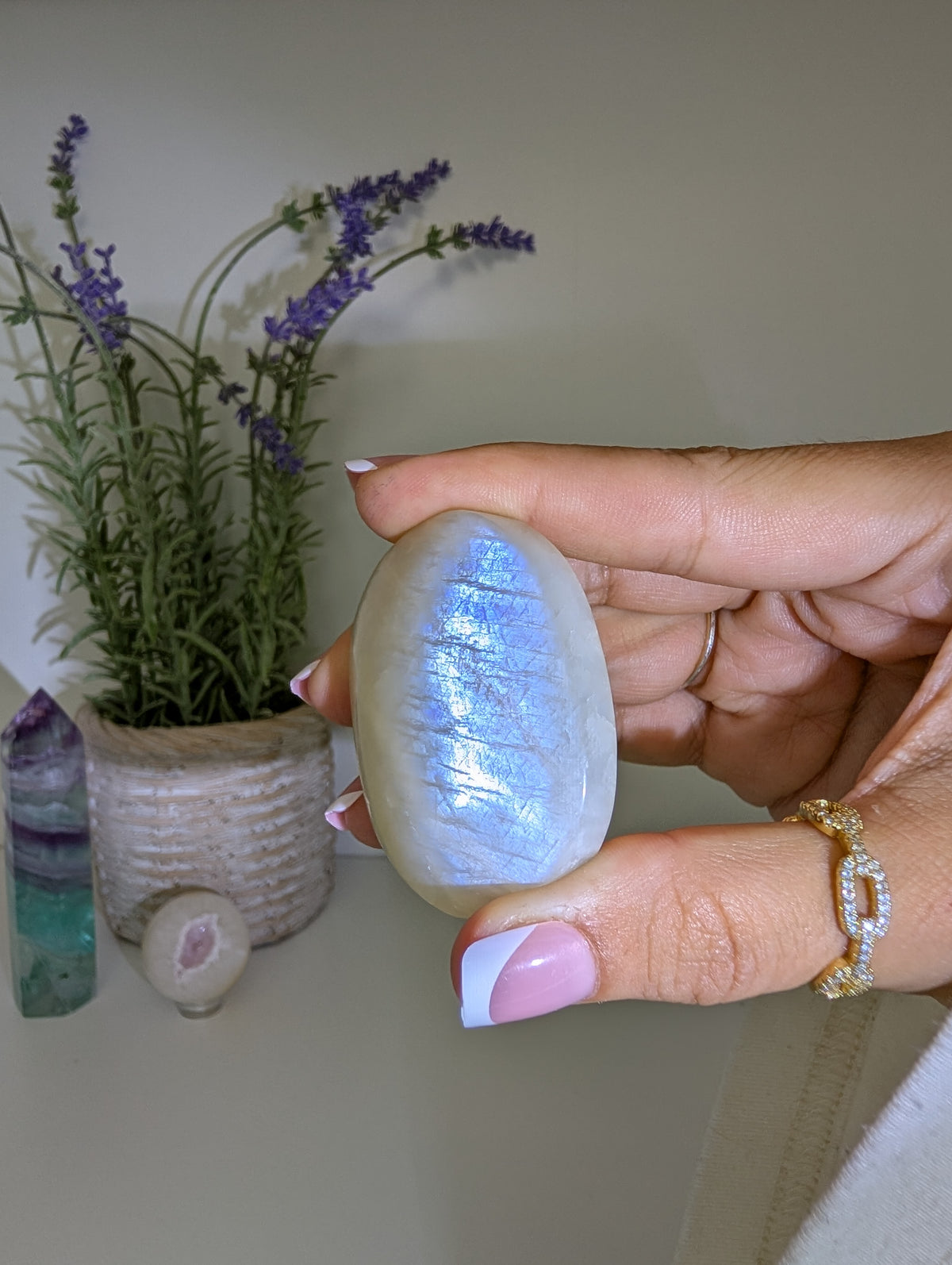Blue / White Moonstone Palm Stones