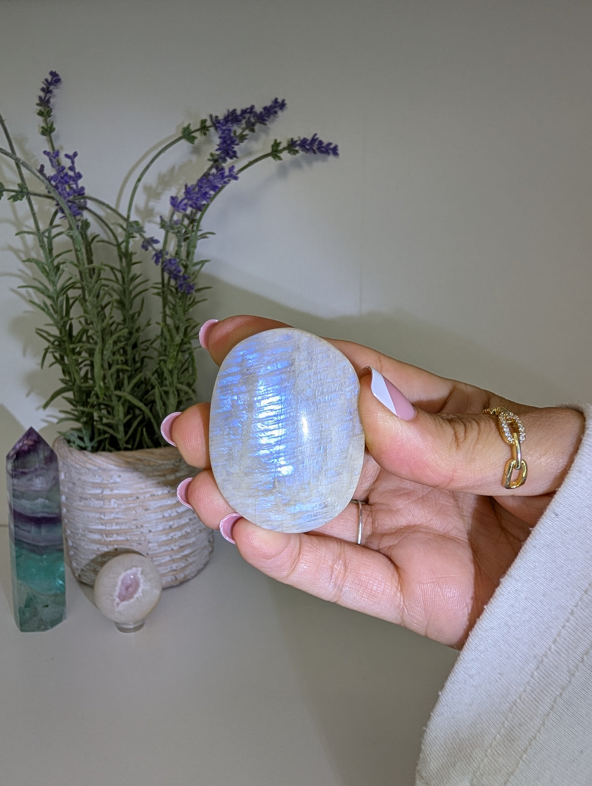 Blue / White Moonstone Palm Stones