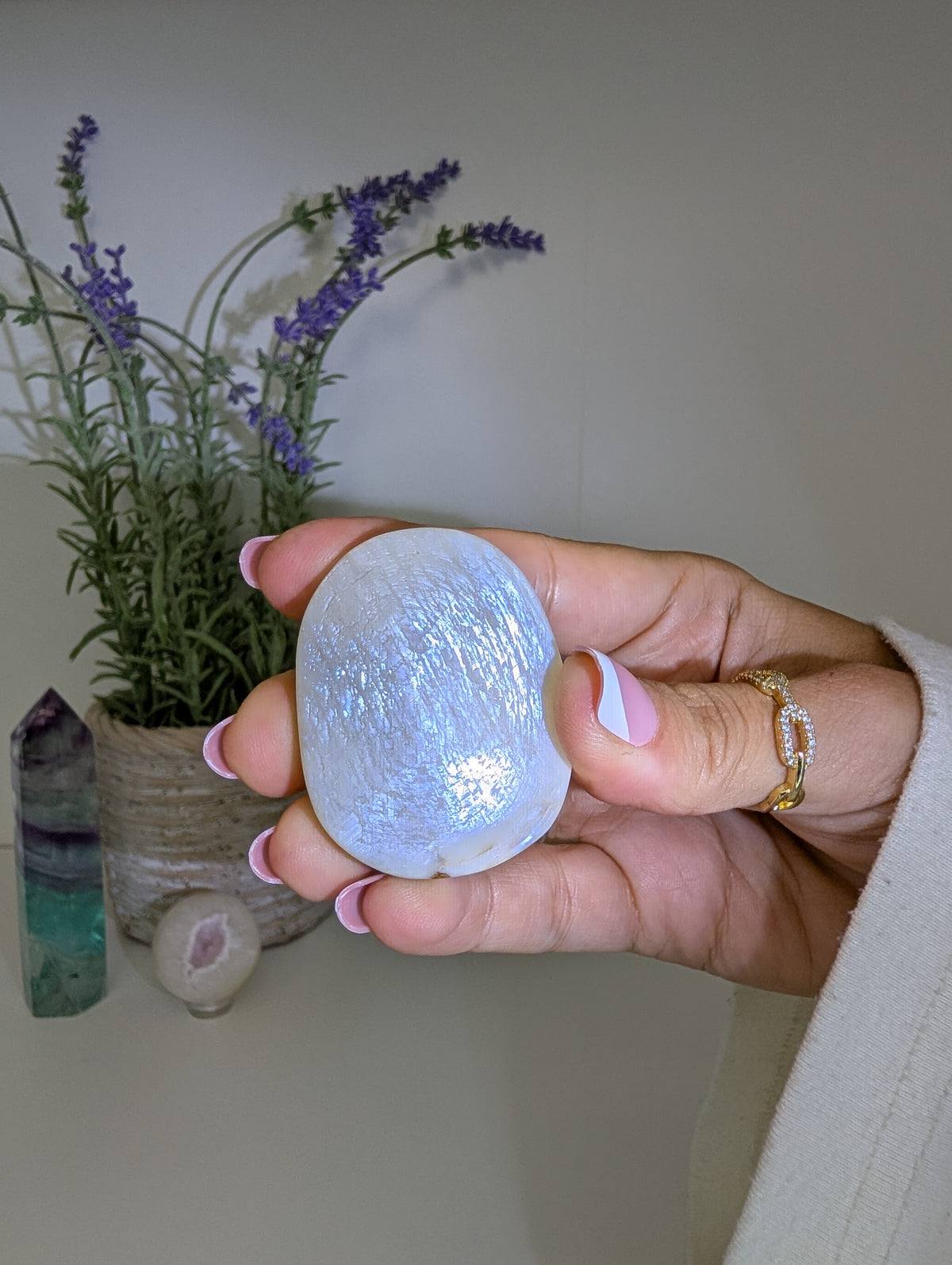 Blue / White Moonstone Palm Stones