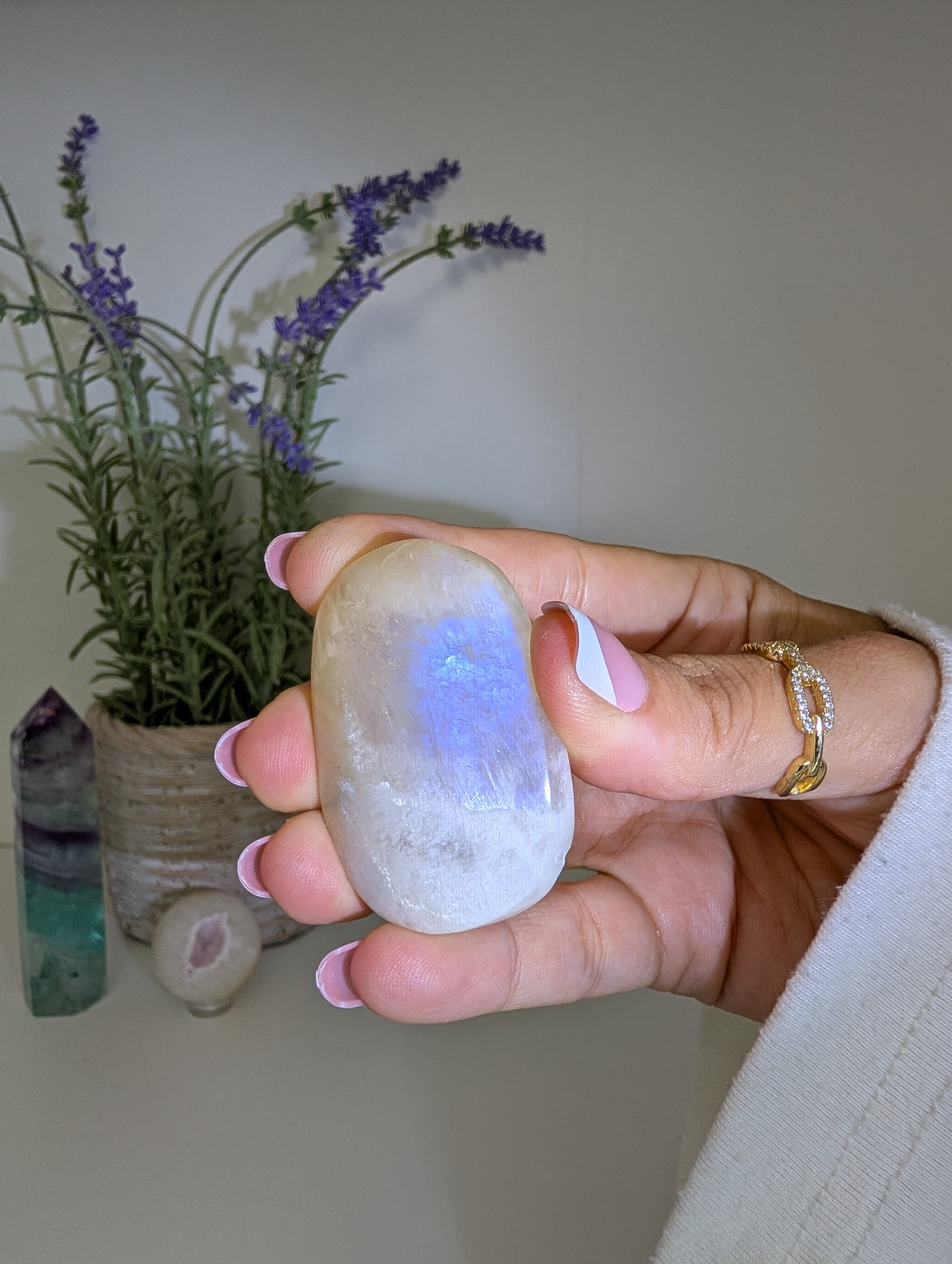 Blue / White Moonstone Palm Stones
