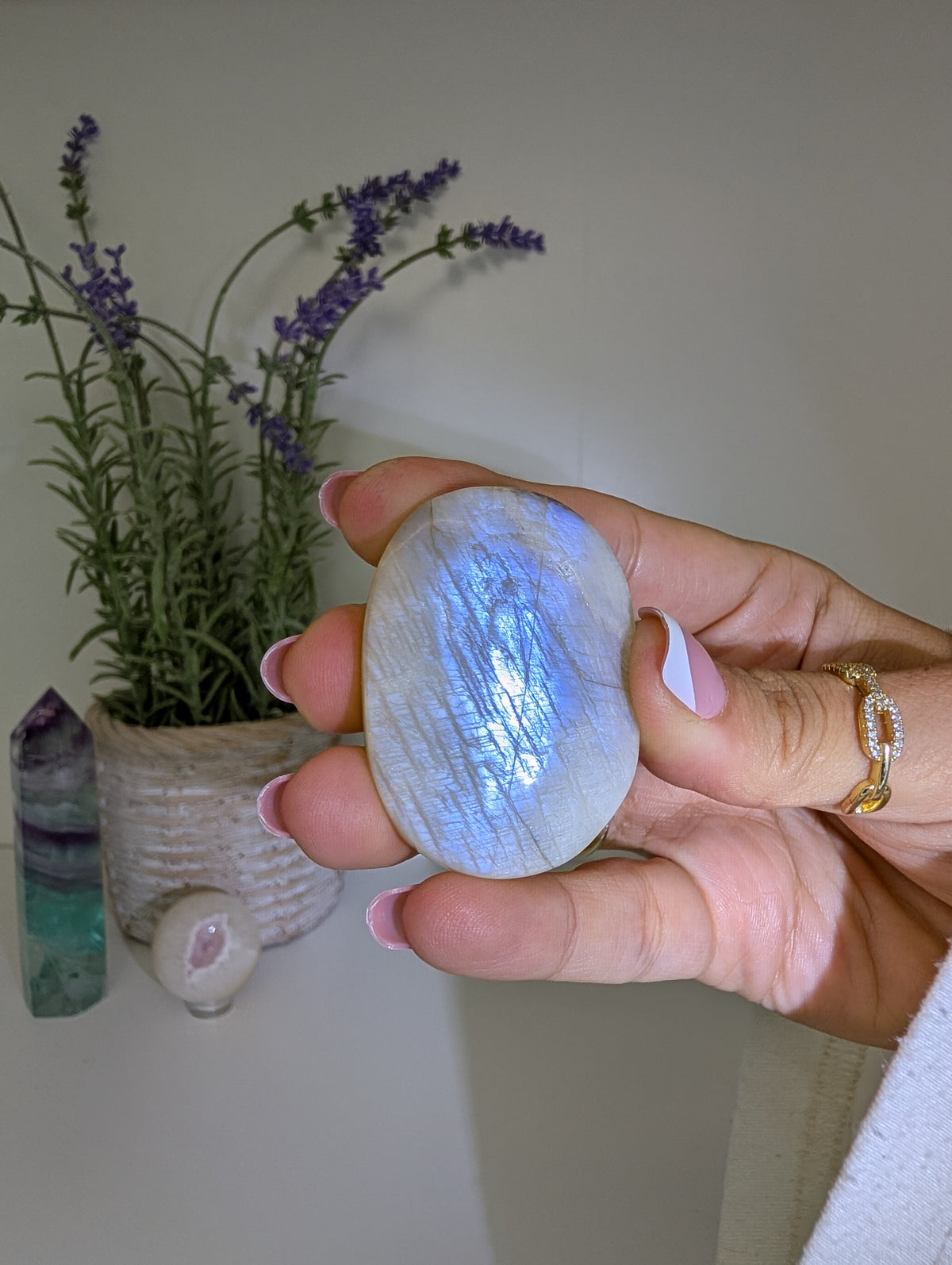 Blue / White Moonstone Palm Stones